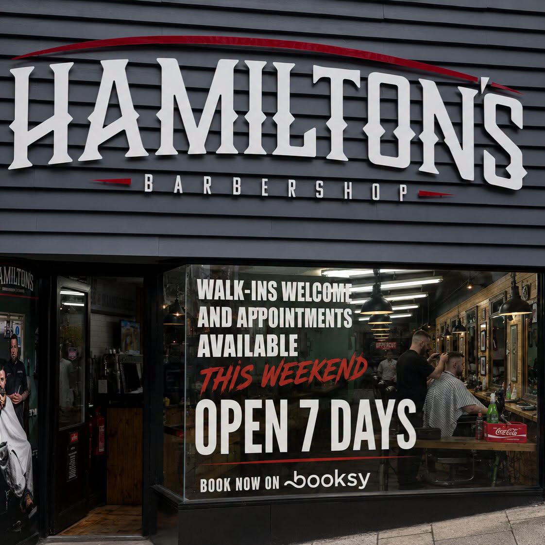 Hamilton's Barbershop storefront on Fore Street, Redruth