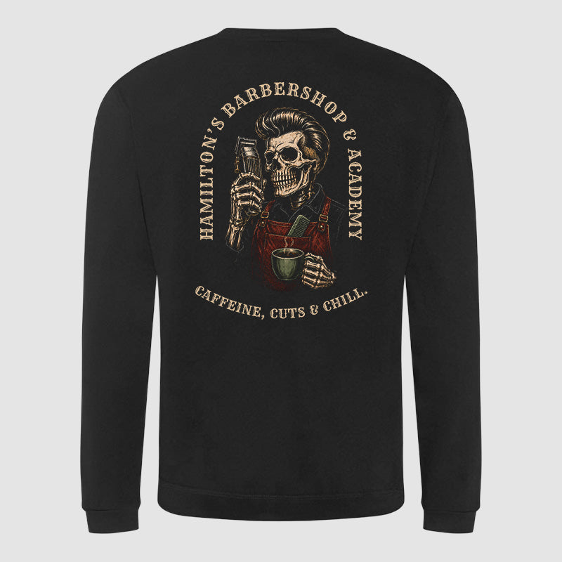 Back view of the black Hamilton's sweatshirt showing the large Hamilton's back print